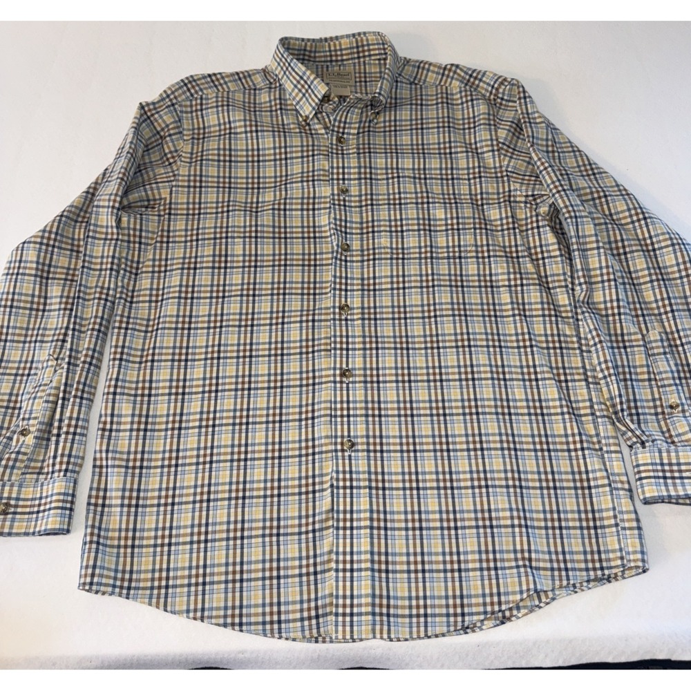 LL Bean Mens Medium Traditional Fit Plaid Button Down Cotton Shirt 503307 Blue